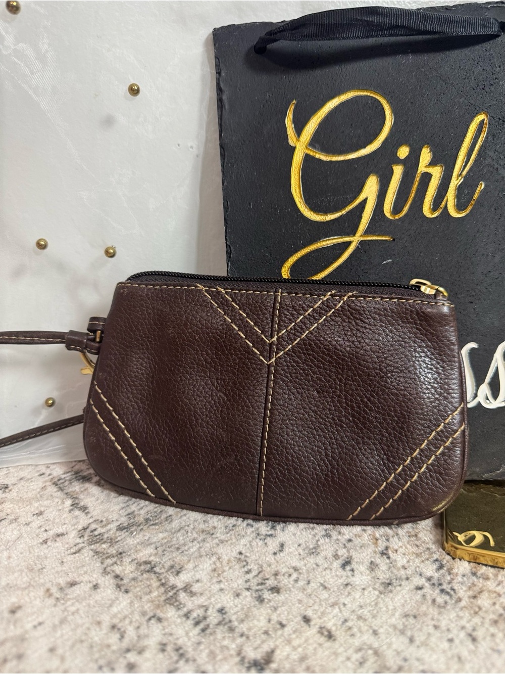 Fossil Dark Brown Leather Wristlet Clutch